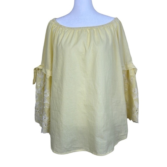 Fever Boho Peasant Blouse with Embroidered Bell Sleeves Yellow White Striped L - Picture 1 of 15